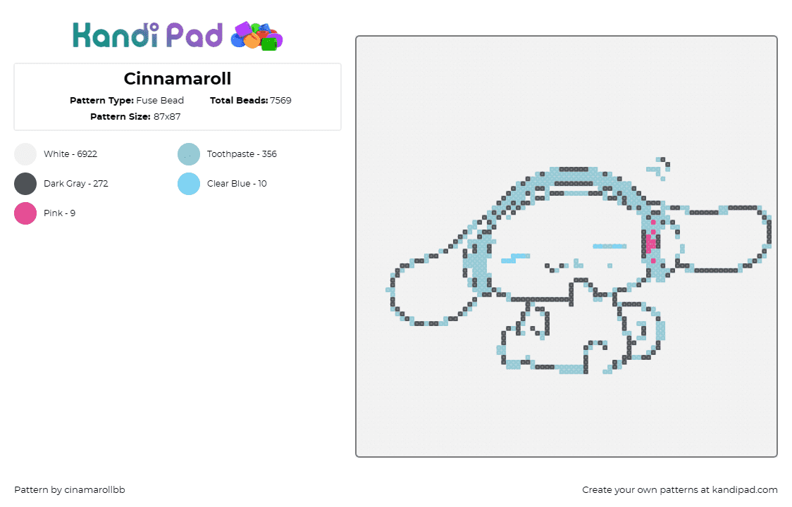 Cinnamaroll - Fuse Bead Pattern by cinamarollbb on Kandi Pad - cinnamoroll,sanrio,headphones,character,music,white