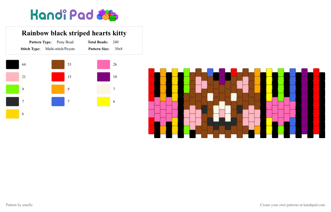 Rainbow black striped hearts kitty - Pony Bead Pattern by amelle on Kandi Pad - red,pink,feline,kitty,rainbow,heart,meow,cat,black,stripes