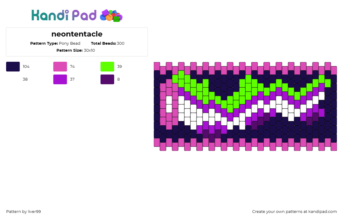 neontentacle - Pony Bead Pattern by liver99 on Kandi Pad - tentacle,neon,squid,octopus,colorful,cuff,purple,green