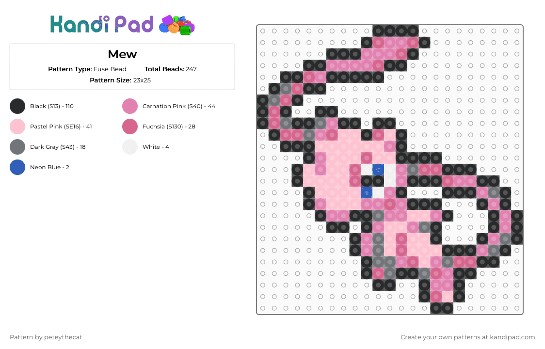 Mew - Fuse Bead Pattern by peteythecat on Kandi Pad - pink,mew,mega blocks,pokemon