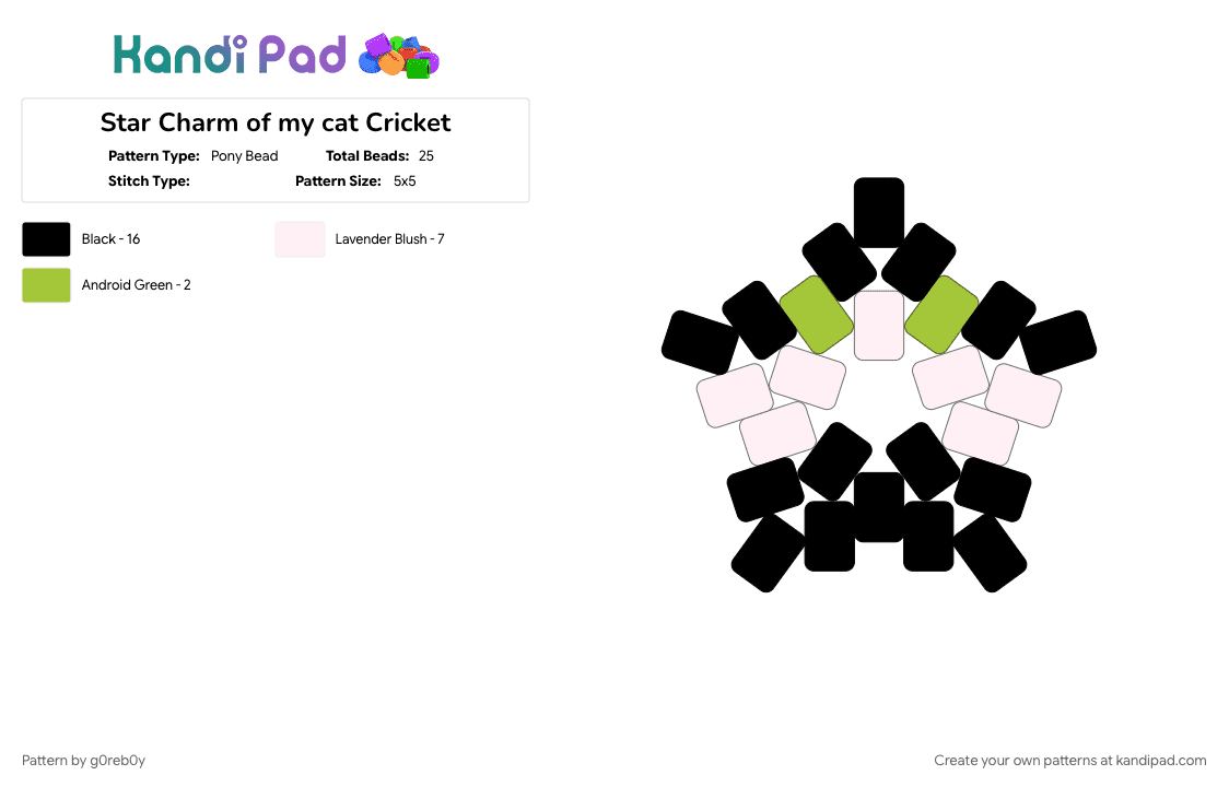 Star Charm of my cat Cricket - Pony Bead Pattern by r0n1n_b3auf0rt on Kandi Pad - black, white
