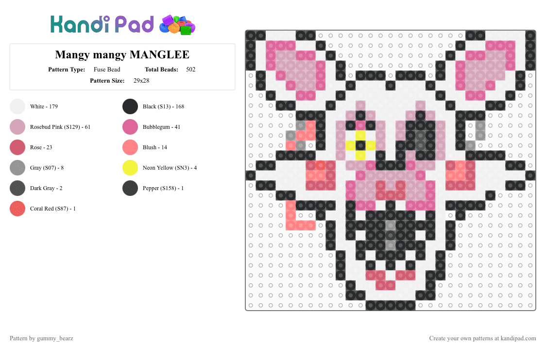 Mangy mangy MANGLEE - Fuse Bead Pattern by gummy_bearz on Kandi Pad - white,pink,red
