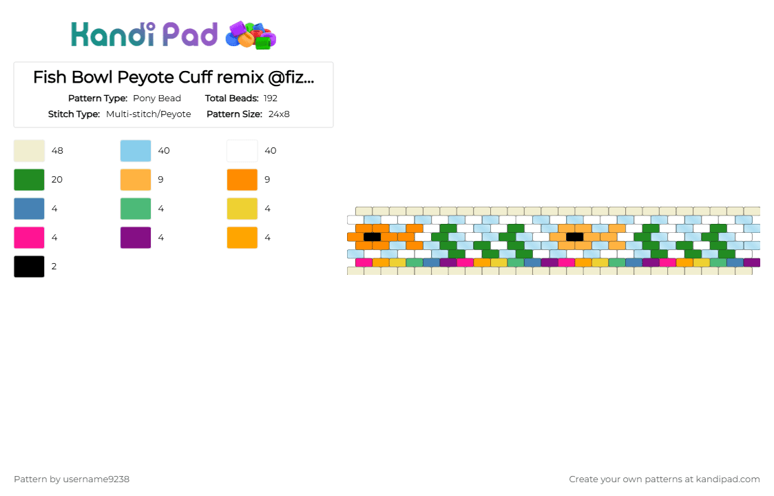 Fish Bowl Peyote Cuff remix @fizzthing - Pony Bead Pattern by username9238 on Kandi Pad - white,orange,green,light blue,peyote