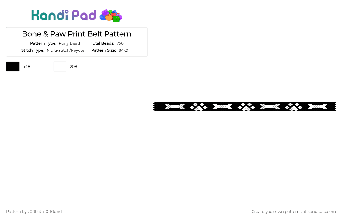 Bone & Paw Print Belt Pattern - Pony Bead Pattern by z00bl3_n0tf0und on Kandi Pad - black, white