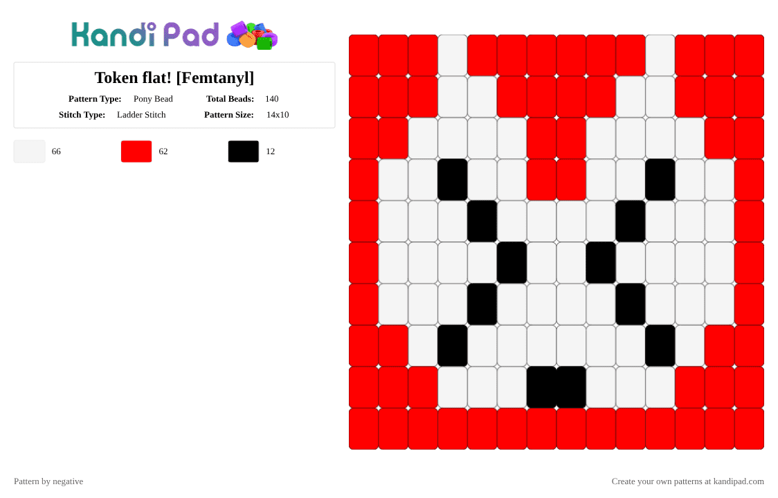 Token flat! [Femtanyl] - Pony Bead Pattern by negative on Kandi Pad - femtanyl, kandi, ladder stitch, lovesick cannibal peak, red, token, white