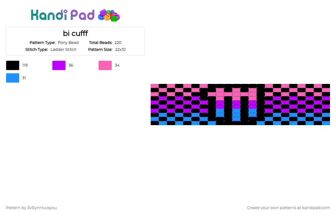 bi cufff - Pony Bead Pattern by 3v3lynnluvsyou on Kandi Pad - black,pink,purple