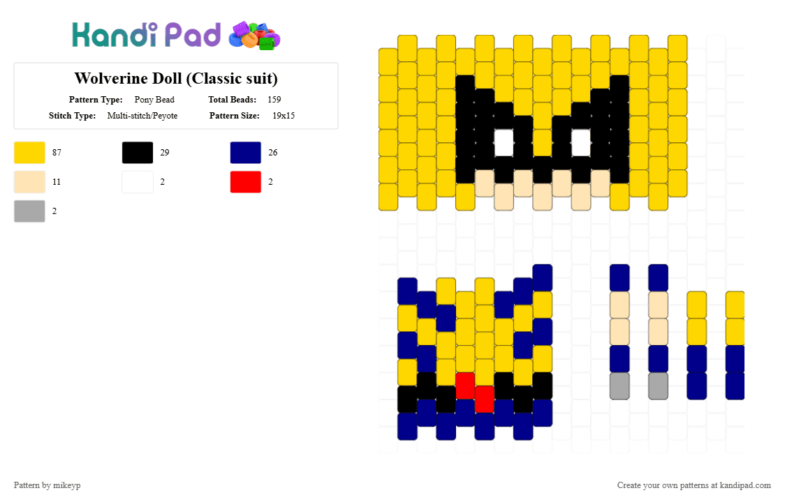 Wolverine Doll (Classic suit) - Pony Bead Pattern by mikeyp on Kandi Pad - yellow