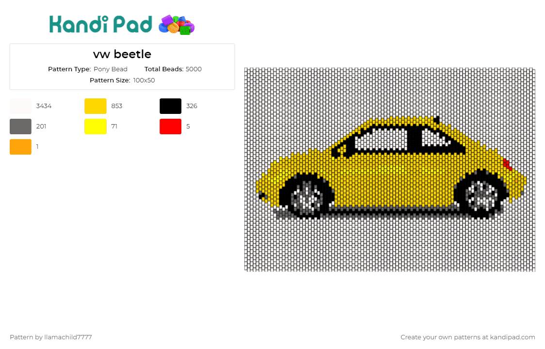 vw beetle - Pony Bead Pattern by llamachild7777 on Kandi Pad - beetle,volkswagen,vw,bug,car,automobile,vehicle,classic,yellow
