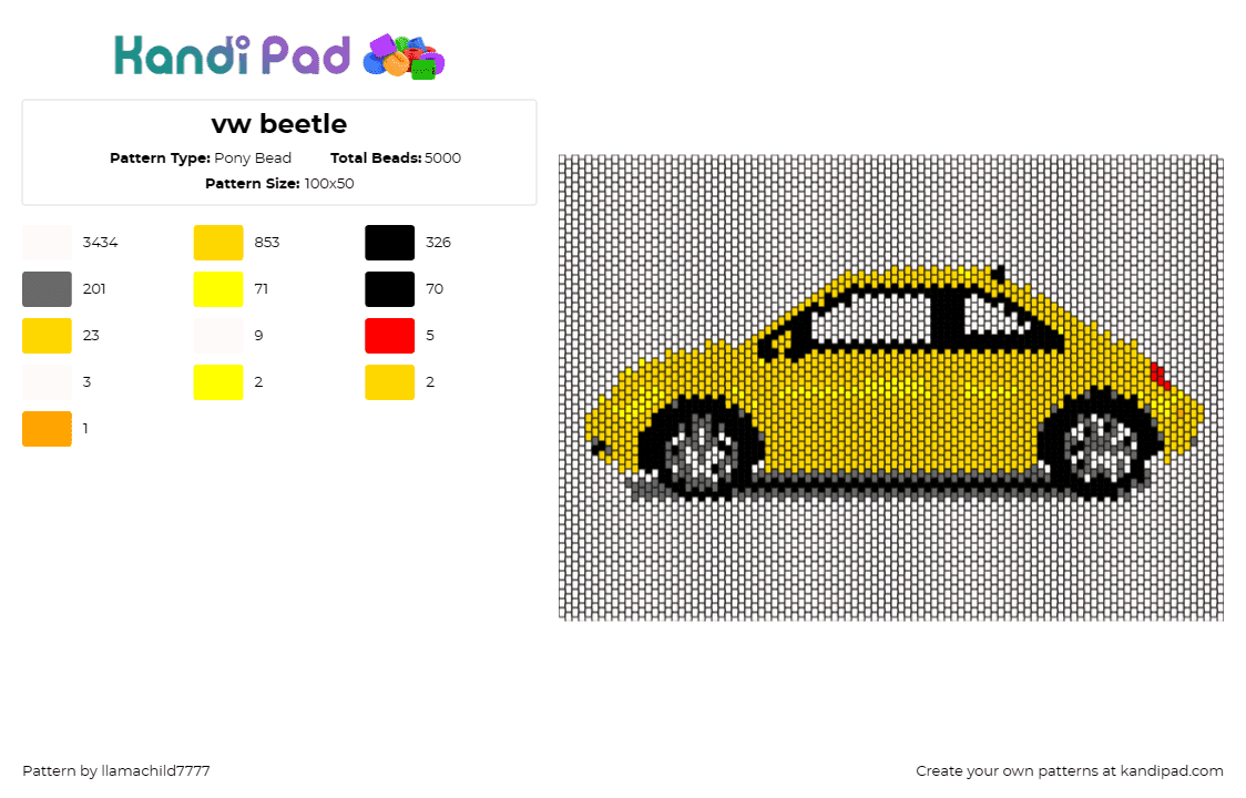 vw beetle - Pony Bead Pattern by llamachild7777 on Kandi Pad - beetle,volkswagen,vw,bug,car,automobile,vehicle,classic,yellow