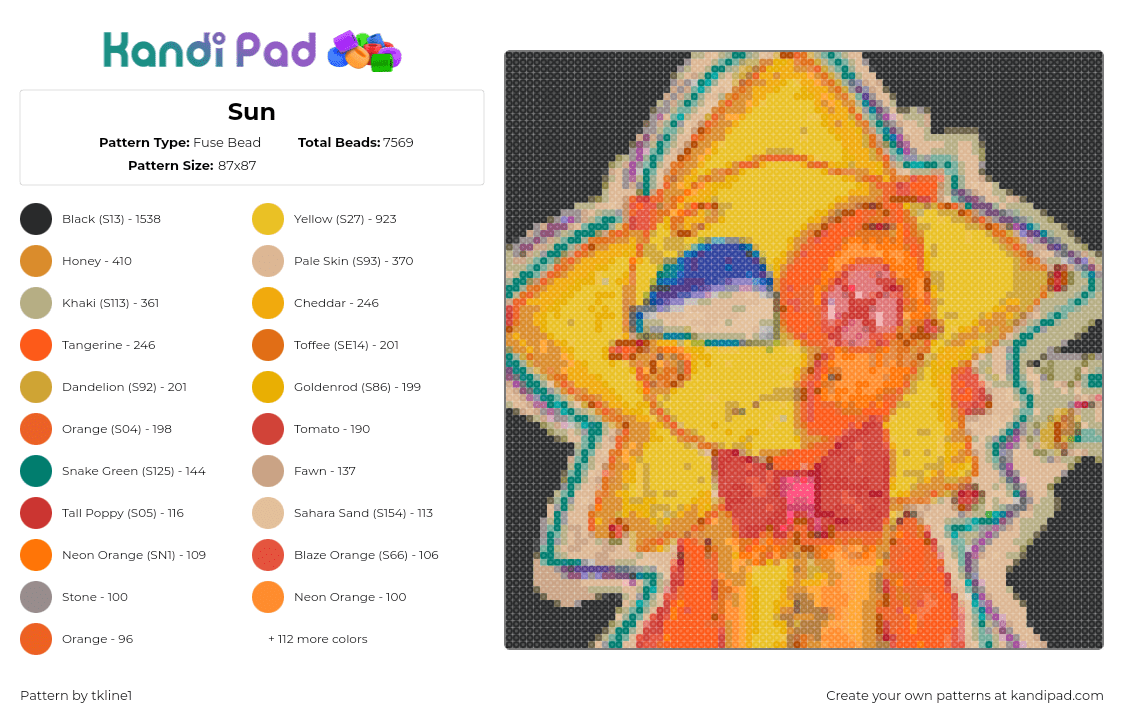 Sun - Fuse Bead Pattern by tkline1 on Kandi Pad - sun,fnaf,five nights at freddys,character,panel,horror,video game,dark,yellow,orange