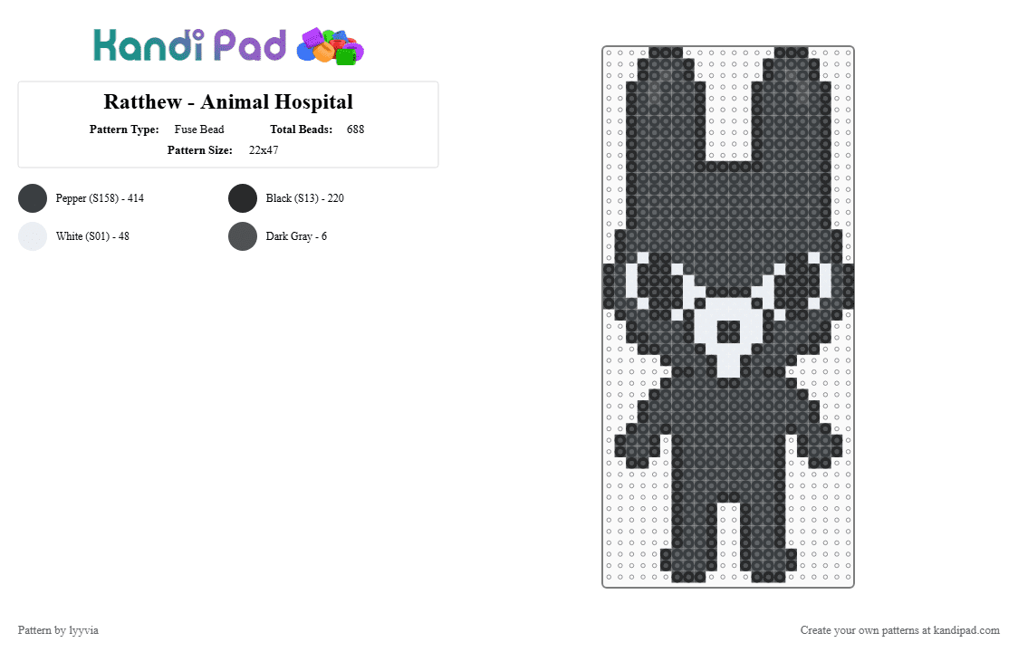 Ratthew - Animal Hospital - Fuse Bead Pattern by lyyvia on Kandi Pad - black,white,ratthew,rat,cute,chibi
