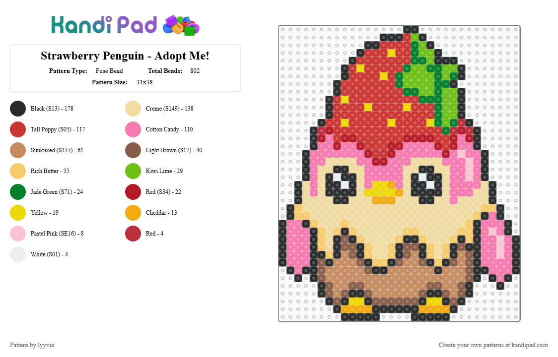 Strawberry Penguin - Adopt Me! - Fuse Bead Pattern by lyyvia on Kandi Pad - red,beige,pink,tan,sweet,cute,penguin,kawaii,chibi,adopt me,roblox