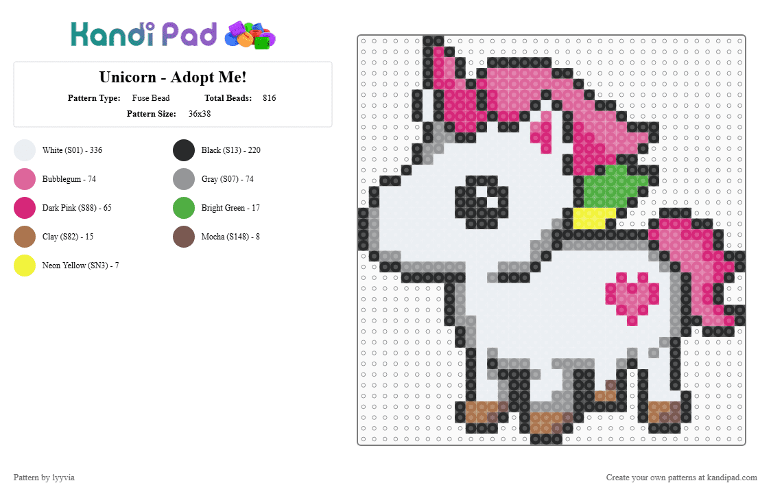 Unicorn - Adopt Me! - Fuse Bead Pattern by lyyvia on Kandi Pad - white,pink,gray,roblox,unicorn,adopt me,kawaii,chibi,cute