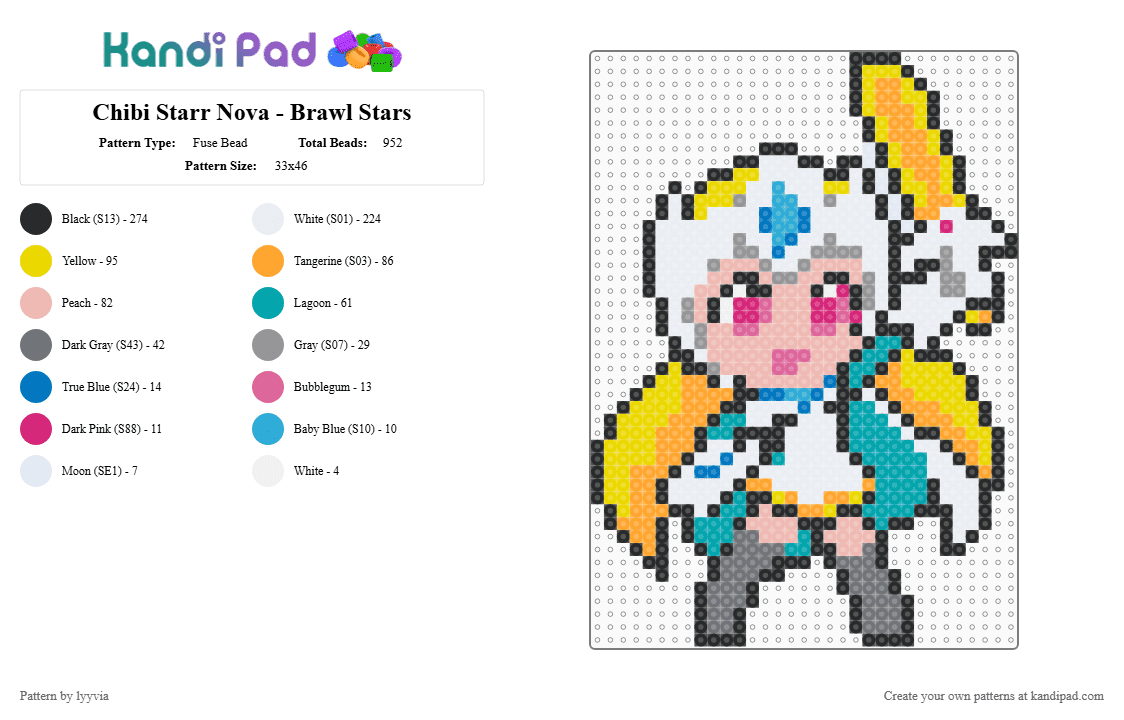 Chibi Starr Nova - Brawl Stars - Fuse Bead Pattern by lyyvia on Kandi Pad - yellow,beige,teal,colorful,star,starr patrol,brawl stars,starr nova,chibi,kawaii,magical,cute