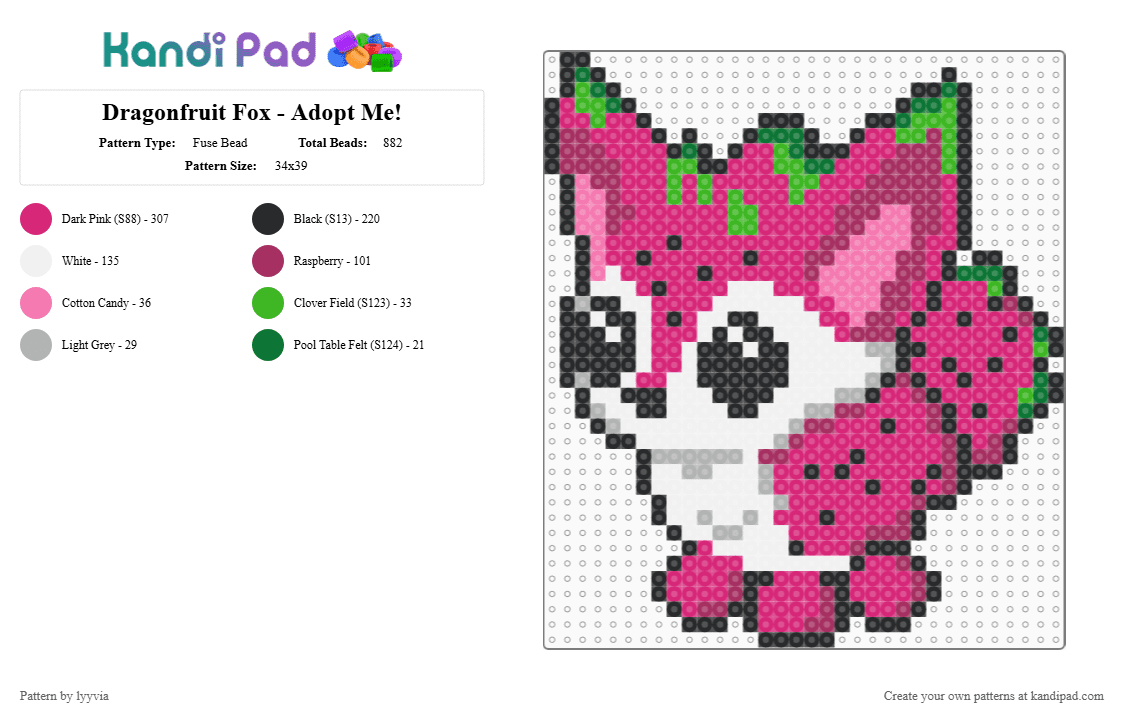 Dragonfruit Fox - Adopt Me! - Fuse Bead Pattern by lyyvia on Kandi Pad - pink,adopt me,roblox,fox,cute,fruit,dragonfruit