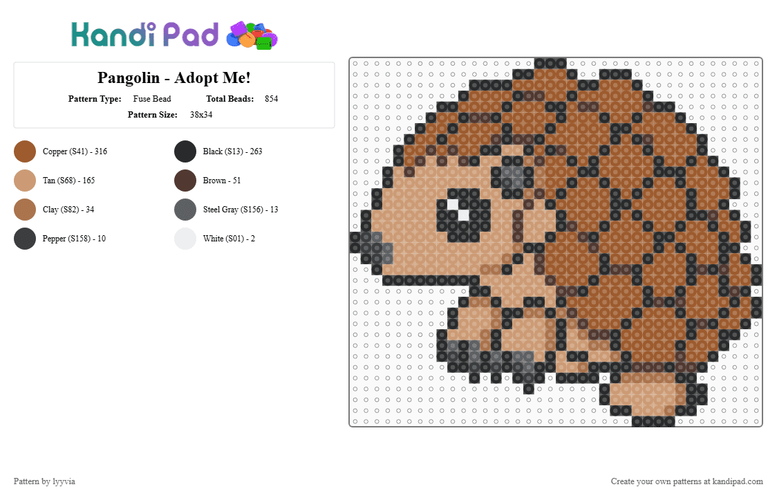 Pangolin - Adopt Me! - Fuse Bead Pattern by lyyvia on Kandi Pad - beige,tan,cute,pangolin,adopt me,roblox,chibi,kawaii,animal