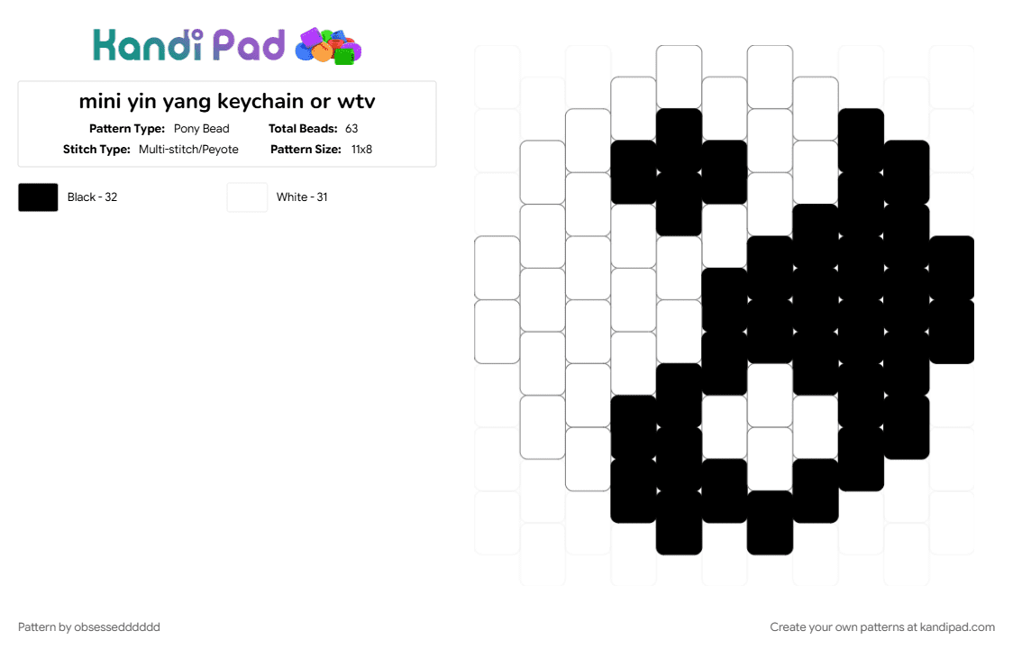 mini yin yang keychain or wtv - Pony Bead Pattern by obsessedddddd on Kandi Pad - black, white