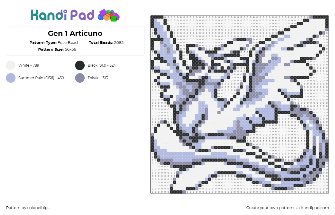 Gen 1 Articuno - Fuse Bead Pattern by colonelbips on Kandi Pad - articuno,pokemon,classic,nostalgia,gaming,character,evolution,bird,white,gray