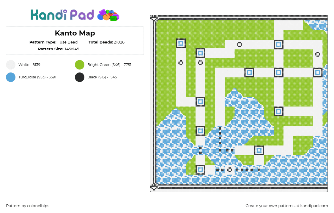 Kanto Map - Fuse Bead Pattern by colonelbips on Kandi Pad - kanto,map,pokemon,gaming,water,green,light blue