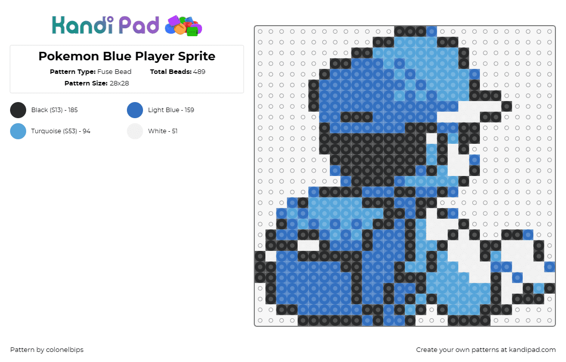 Pokemon Blue Player Sprite - Fuse Bead Pattern by colonelbips on Kandi Pad - pokemon,ash ketchum,video game,character,blue