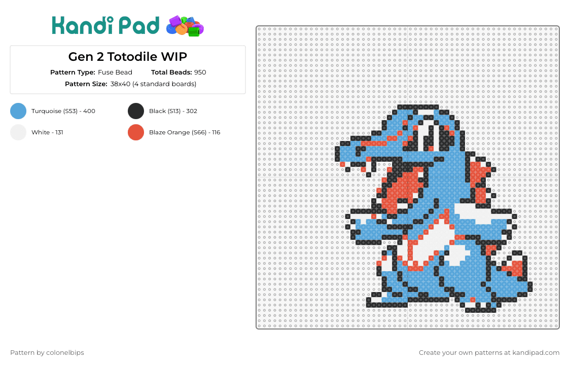 Gen 2 Totodile - Fuse Bead Pattern by colonelbips on Kandi Pad - totodile,pokemon,dinosaur,happy,gaming,orange,blue
