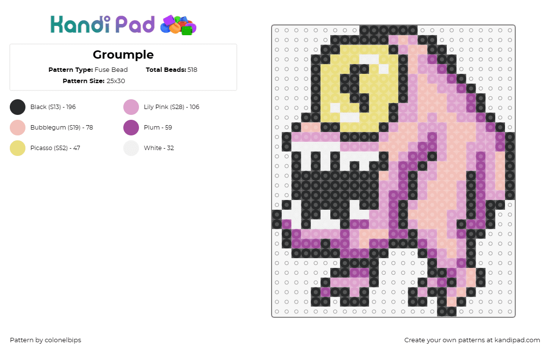 Groumple - Fuse Bead Pattern by colonelbips on Kandi Pad - monster,cyclops,muk,pokemon,character,halloween,scary,cute,funny,pink