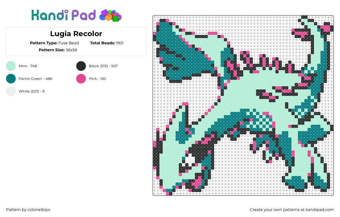 Lugia Recolor - Fuse Bead Pattern by colonelbips on Kandi Pad - lugia,pokemon,character,gaming,teal,pink