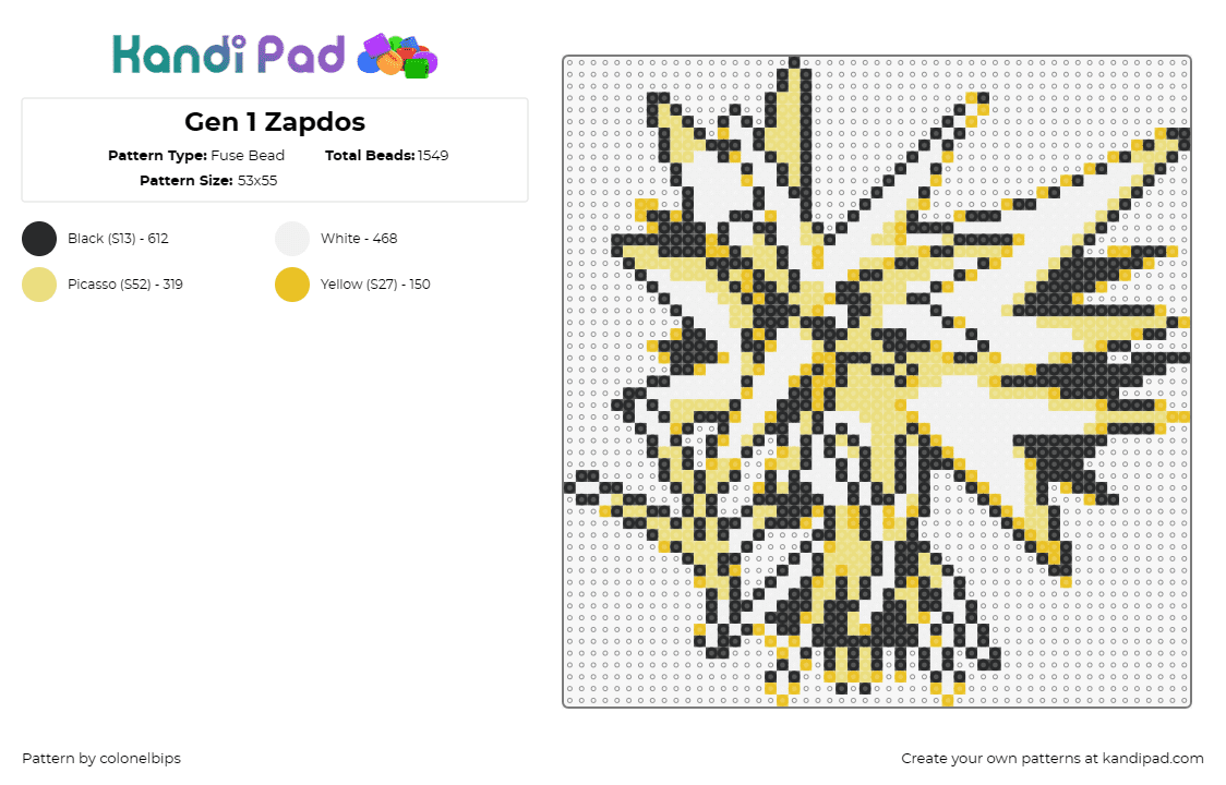 Gen 1 Zapdos - Fuse Bead Pattern by colonelbips on Kandi Pad - zapdos,pokemon,gaming,bird,anime,lightning,character,white,yellow