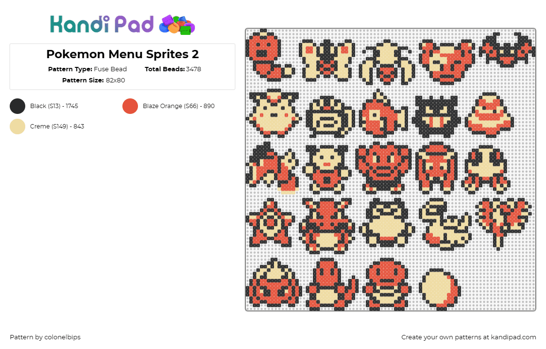 Pokemon Menu Sprites 2 - Fuse Bead Pattern by colonelbips on Kandi Pad - pokemon,retro,sprites,classic,video game,characters,orange,tan