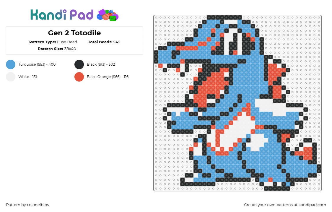 Gen 2 Totodile - Fuse Bead Pattern by colonelbips on Kandi Pad - totodile,pokemon,dinosaur,happy,gaming,orange,blue