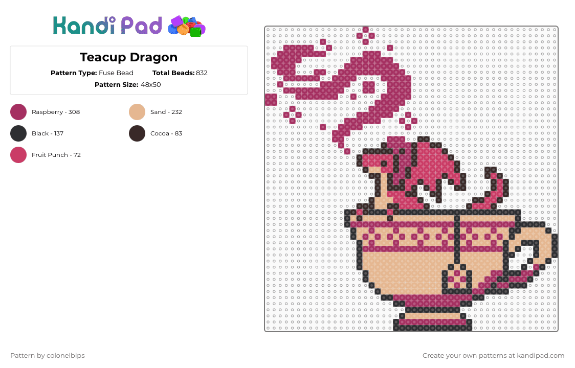 Teacup Dragon - Fuse Bead Pattern by colonelbips on Kandi Pad - pink,beige