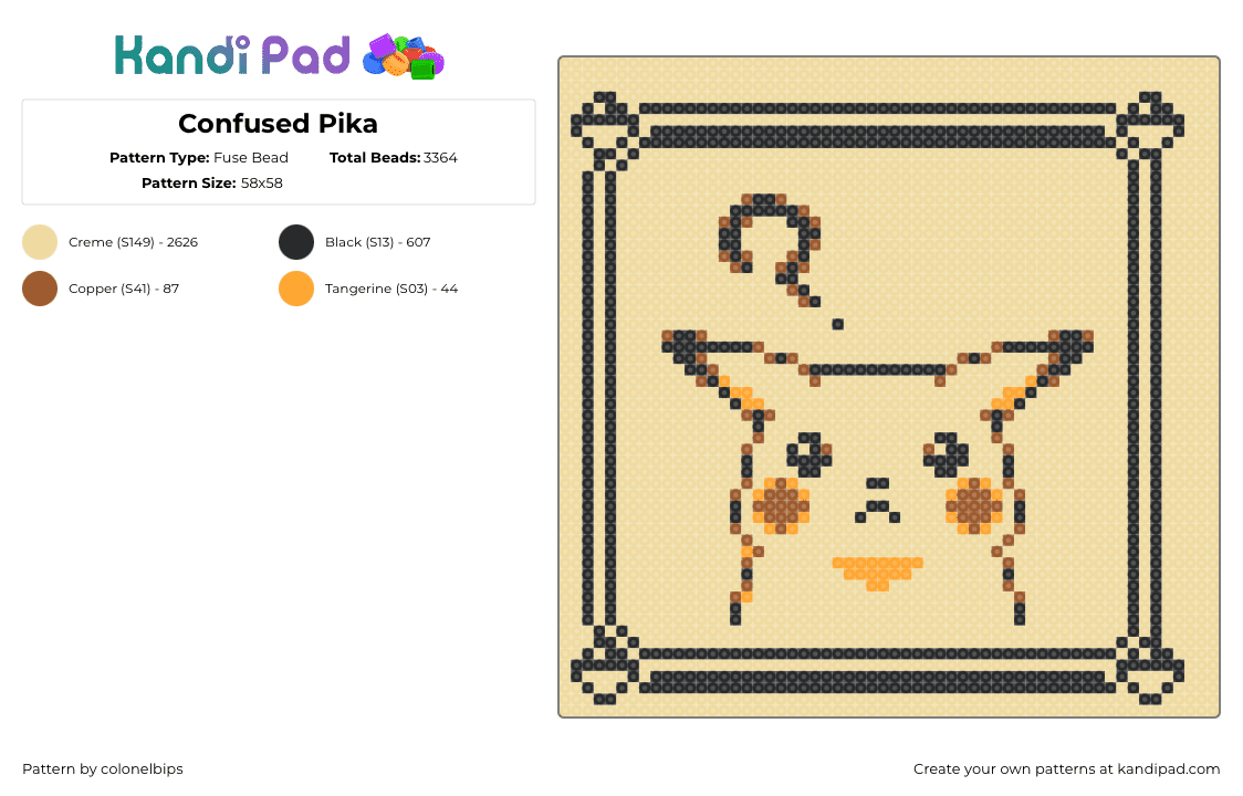 Confused Pika - Fuse Bead Pattern by colonelbips on Kandi Pad - pikachu,pokemon,confused,starter,gaming,box,panel,question mark,yellow