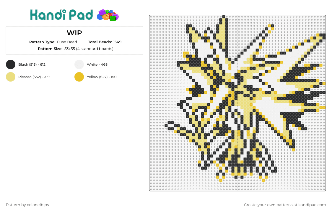 Gen 1 Zapdos - Fuse Bead Pattern by colonelbips on Kandi Pad - zapdos,pokemon,gaming,bird,anime,lightning,character,white,yellow