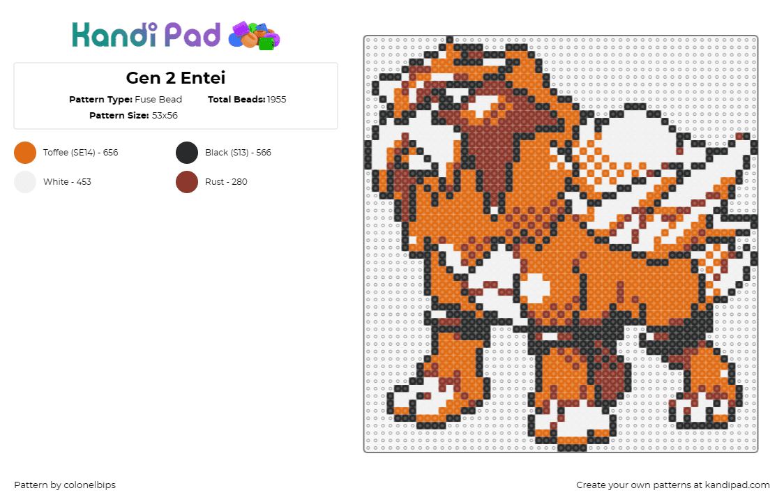 Gen 2 Entei - Fuse Bead Pattern by colonelbips on Kandi Pad - entei,pokemon,retro,evolution,character,gaming,orange,white