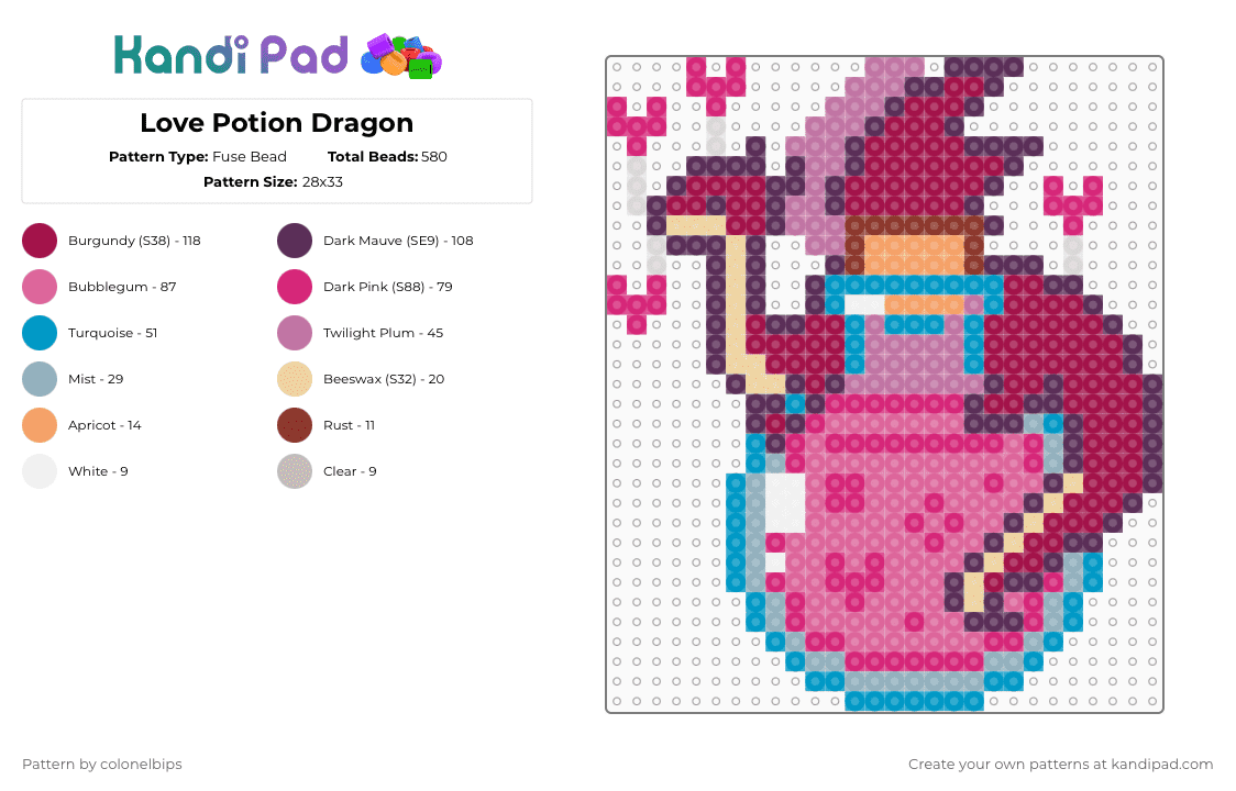 Love Potion Dragon - Fuse Bead Pattern by colonelbips on Kandi Pad - pink