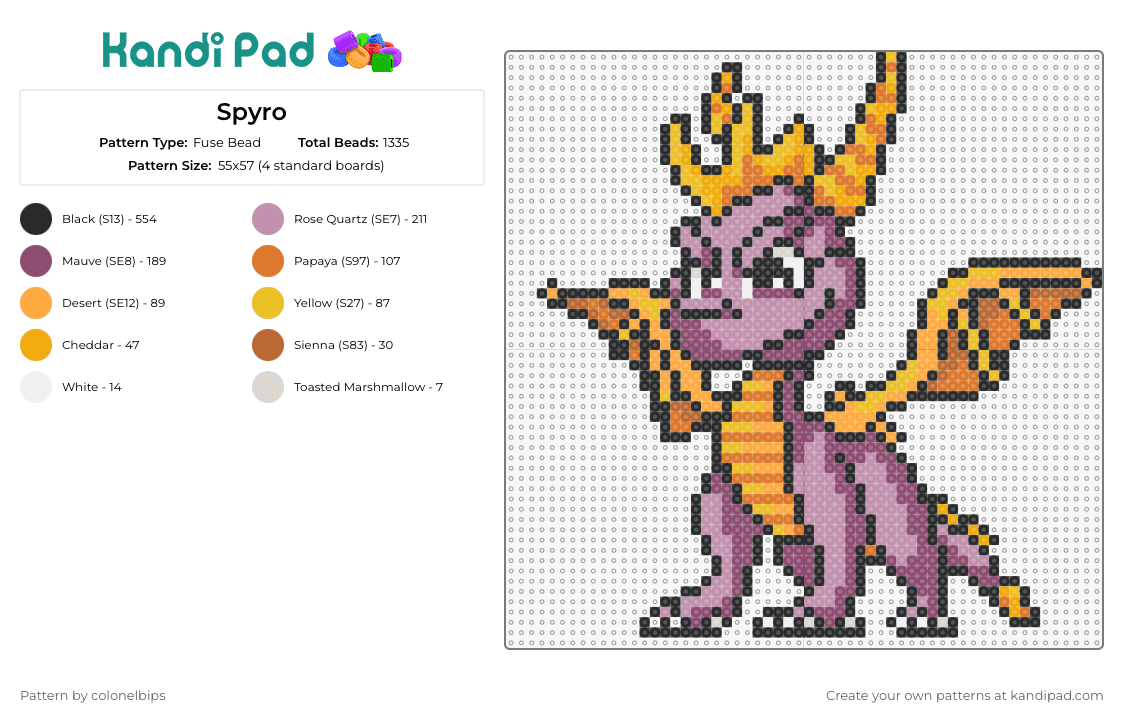 Spyro - Fuse Bead Pattern by colonelbips on Kandi Pad - spyro,dragon,video game,character,classic,retro,playstation,winged,purple,orange