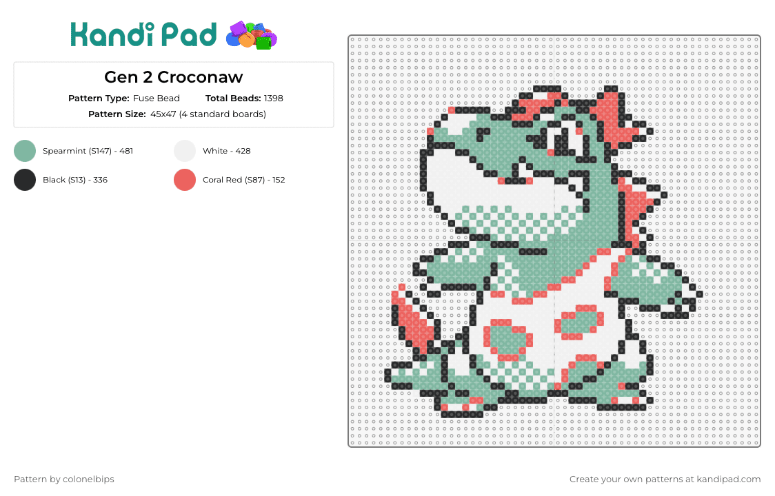 Gen 2 Croconaw - Fuse Bead Pattern by colonelbips on Kandi Pad - croconaw,pokemon,totodile,character,prehistoric,gaming,green,white,orange