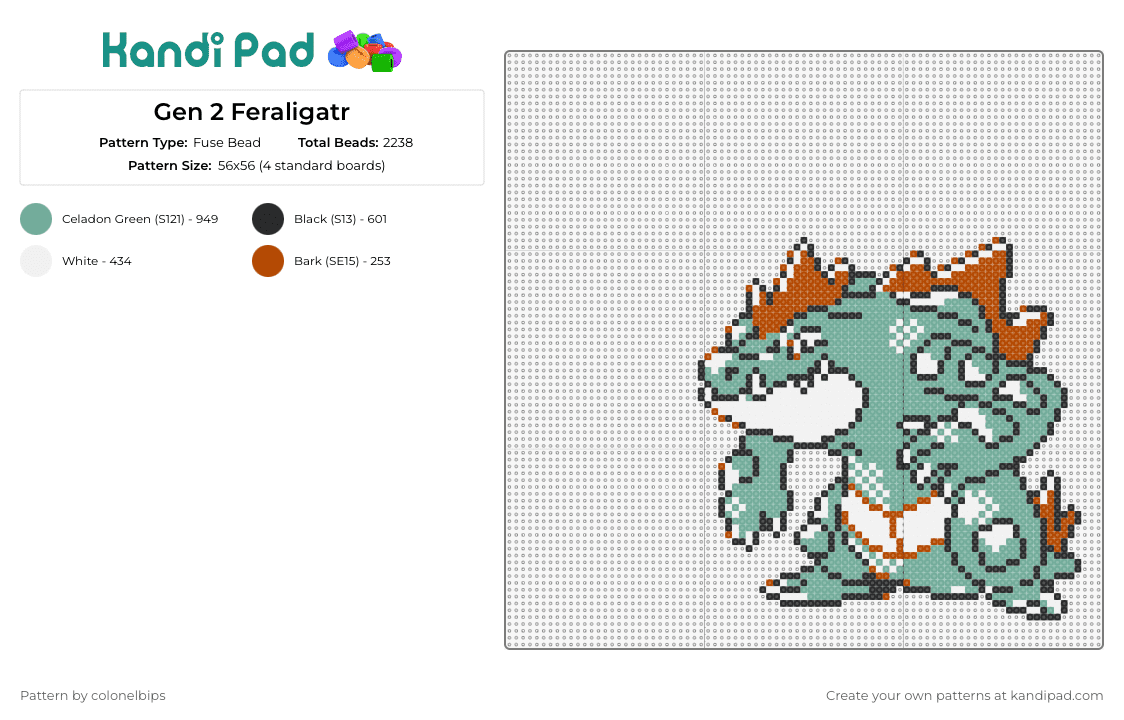 Gen 2 Feraligatr - Fuse Bead Pattern by colonelbips on Kandi Pad - feraligator,pokemon,totodile,character,prehistoric,gaming,green,orange