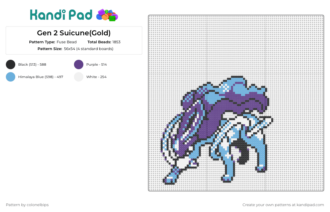 Gen 2 Suicune(Gold) - Fuse Bead Pattern by colonelbips on Kandi Pad - suicune,pokemon,character,gaming,anime,fantasy,blue,purple