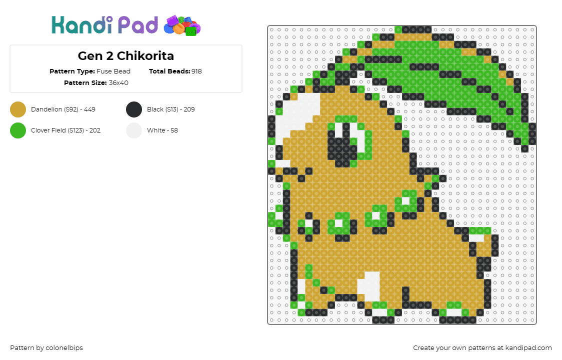 Gen 2 Chikorita - Fuse Bead Pattern by colonelbips on Kandi Pad - chikorita,pokemon,leaf,character,anime,gaming,tv show,green,tan