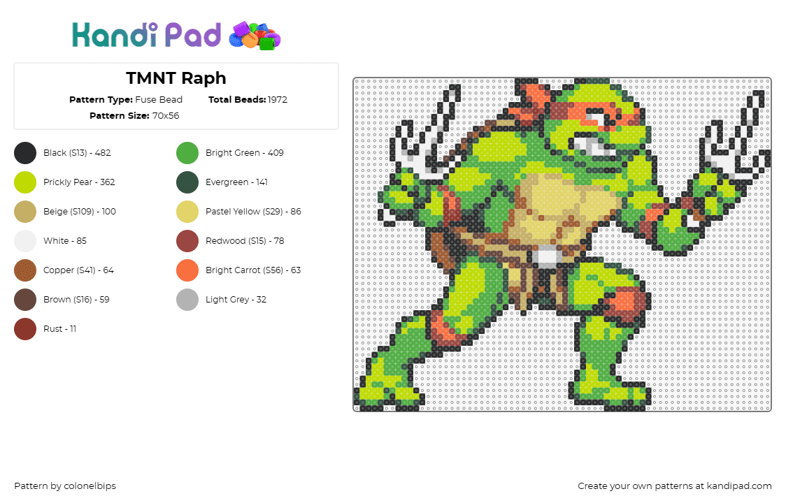 TMNT Raph - Fuse Bead Pattern by colonelbips on Kandi Pad - raphael,tmnt,teenage mutant ninja turtles,karate,martial arts,cartoon,tv show,mo