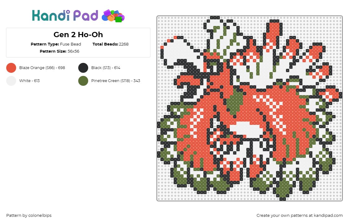 Gen 2 Ho-Oh - Fuse Bead Pattern by colonelbips on Kandi Pad - ho oh,pokemon,legendary,fiery,gaming,red,green