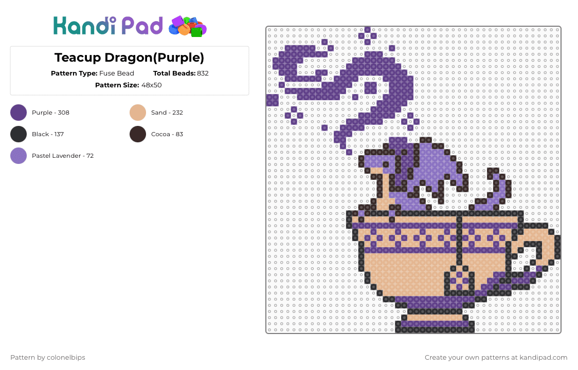 Teacup Dragon(Purple) - Fuse Bead Pattern by colonelbips on Kandi Pad - purple,beige