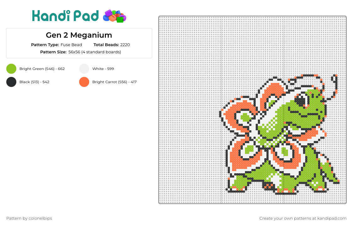 Gen 2 Meganium - Fuse Bead Pattern by colonelbips on Kandi Pad - meganium,chikorita,pokemon,evolution,character,gaming,green,orange