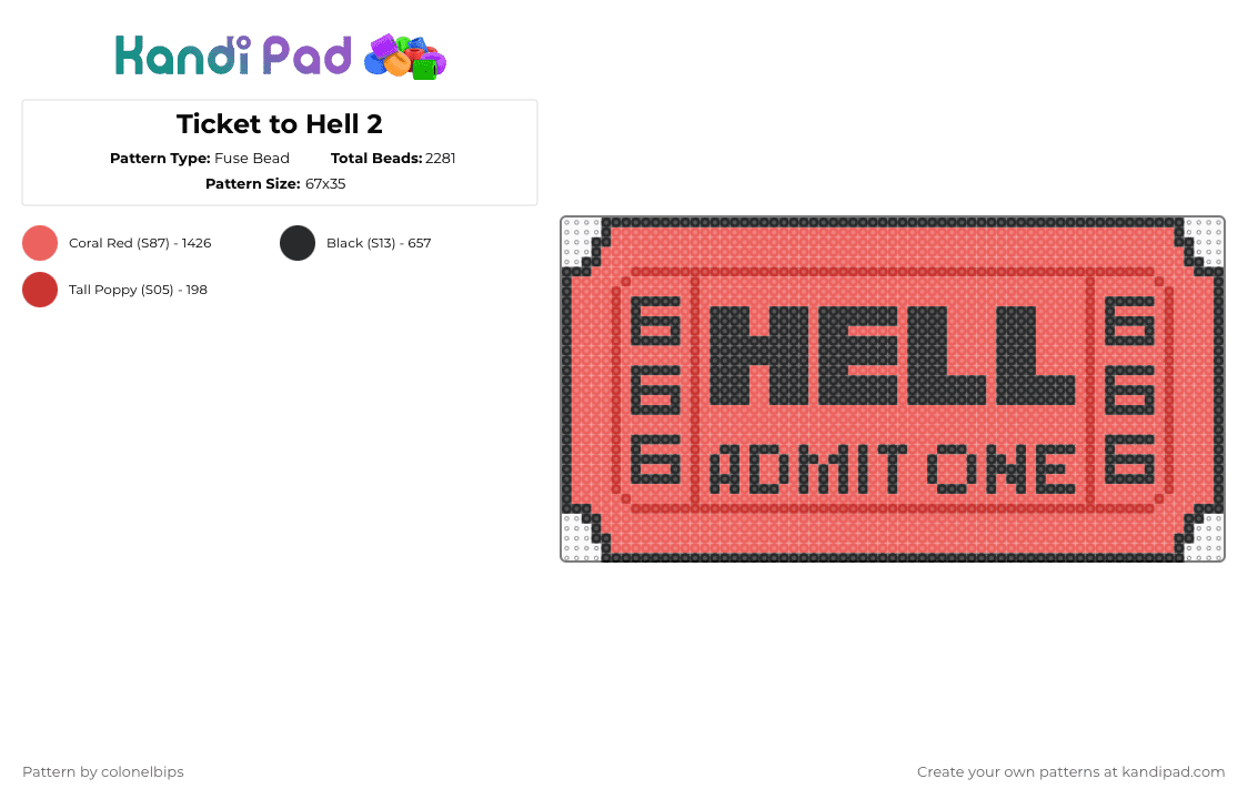 Ticket to Hell 2 - Fuse Bead Pattern by colonelbips on Kandi Pad - black,red