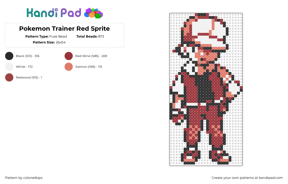 Pokemon Trainer Red Sprite - Fuse Bead Pattern by colonelbips on Kandi Pad - trainer,pokemon,sprite,gaming,red,white