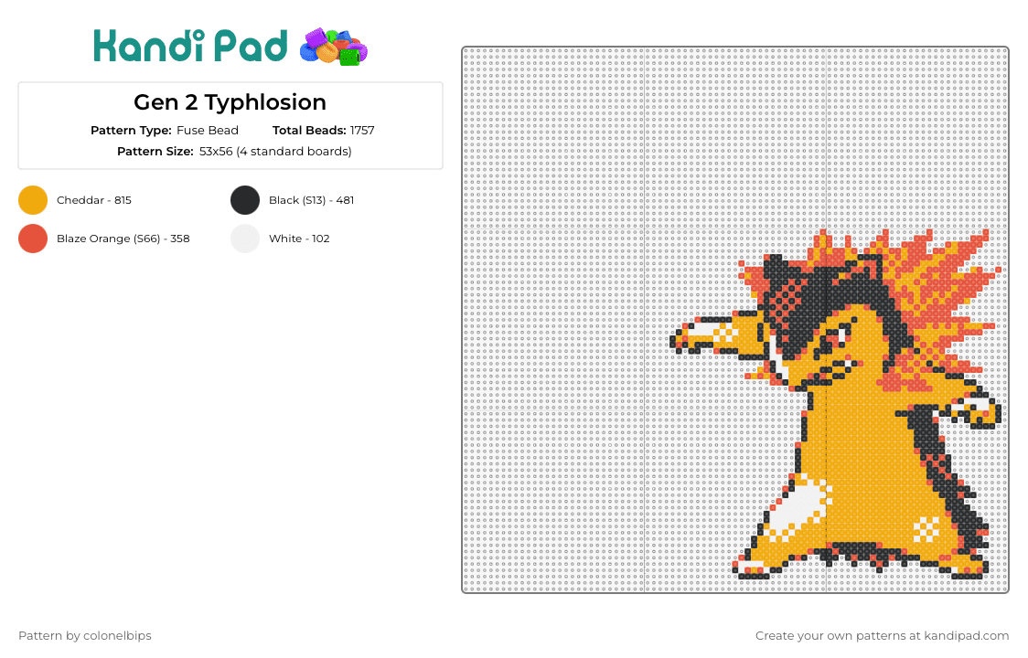Gen 2 Typhlosion - Fuse Bead Pattern by colonelbips on Kandi Pad - typhlosion,pokemon,evolution,fiery,character,gaming,anime,orange