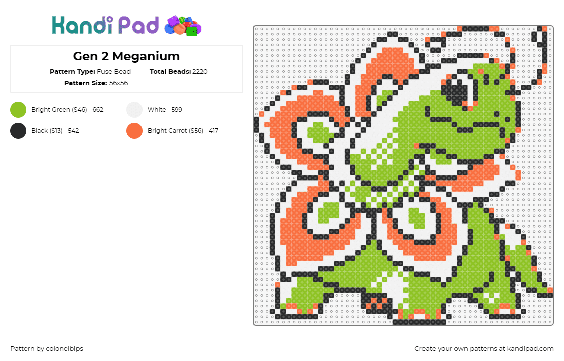 Gen 2 Meganium - Fuse Bead Pattern by colonelbips on Kandi Pad - meganium,chikorita,pokemon,evolution,character,gaming,green,orange