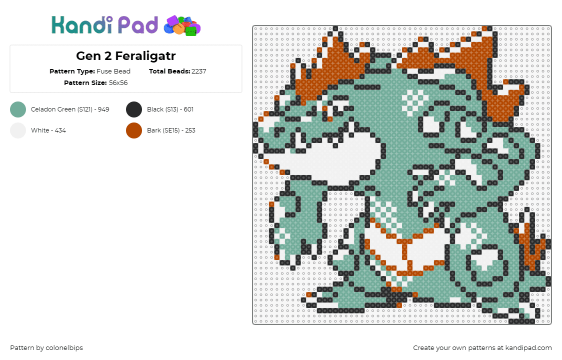 Gen 2 Feraligatr - Fuse Bead Pattern by colonelbips on Kandi Pad - feraligator,pokemon,totodile,character,prehistoric,gaming,green,orange