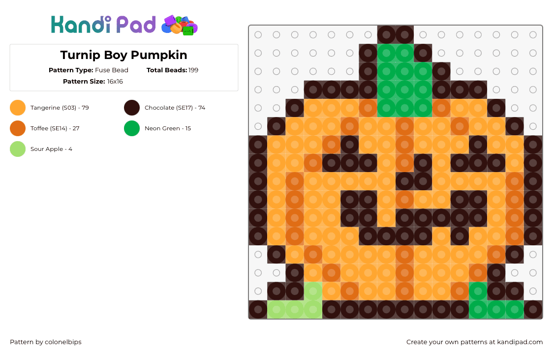 Turnip Boy Pumpkin - Fuse Bead Pattern by colonelbips on Kandi Pad - pumpkin,turnip boy commits tax evasion,character,jackolantern,video game,smile,orange,green